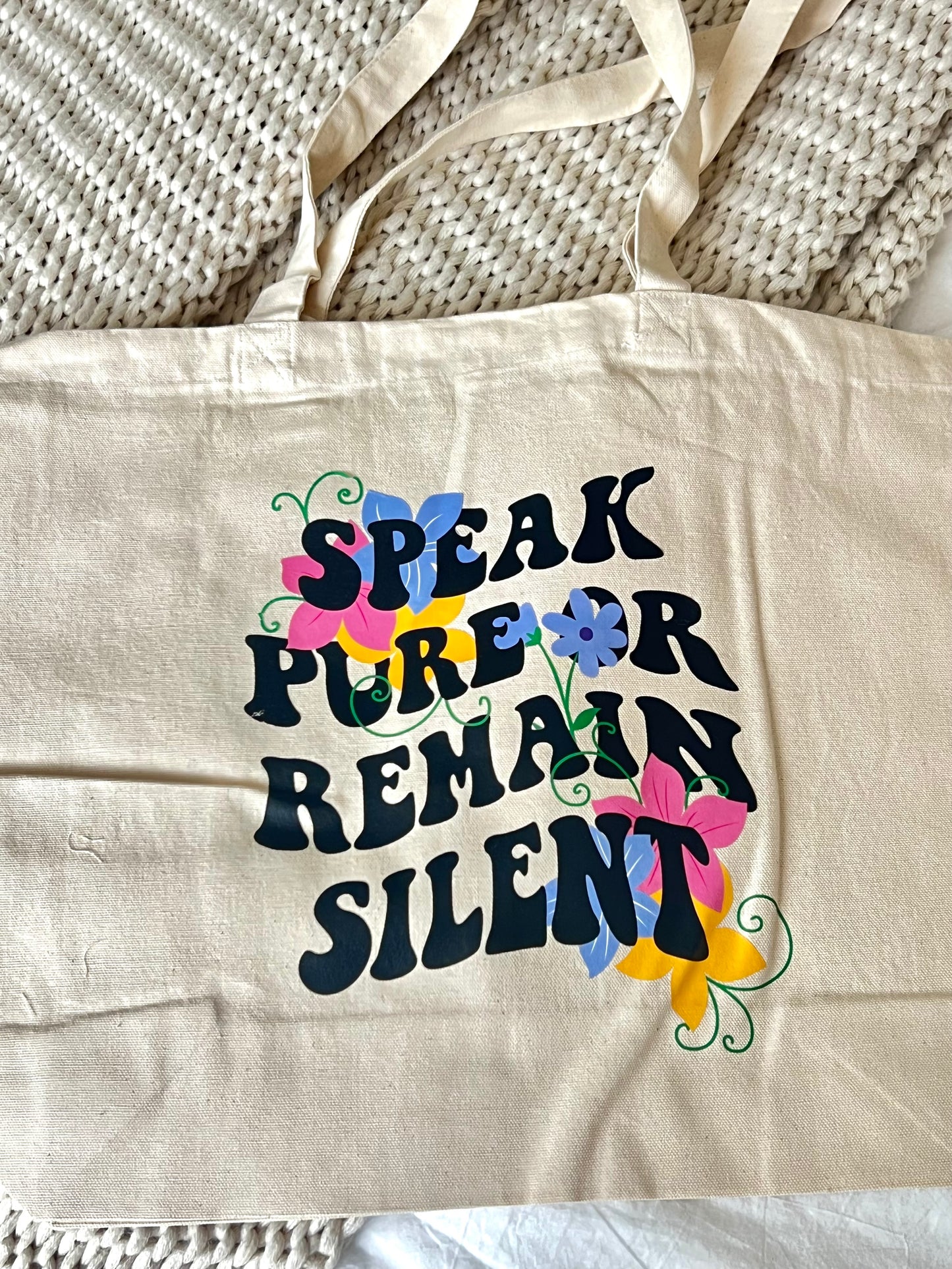 speak pure tote bag