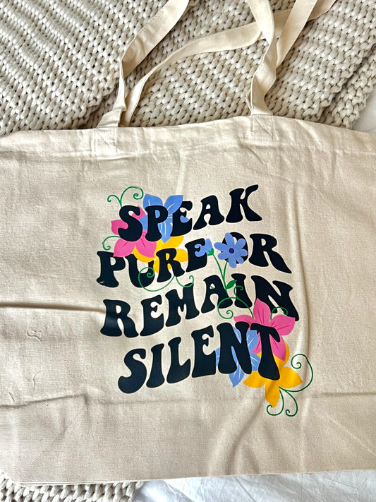 speak pure tote bag