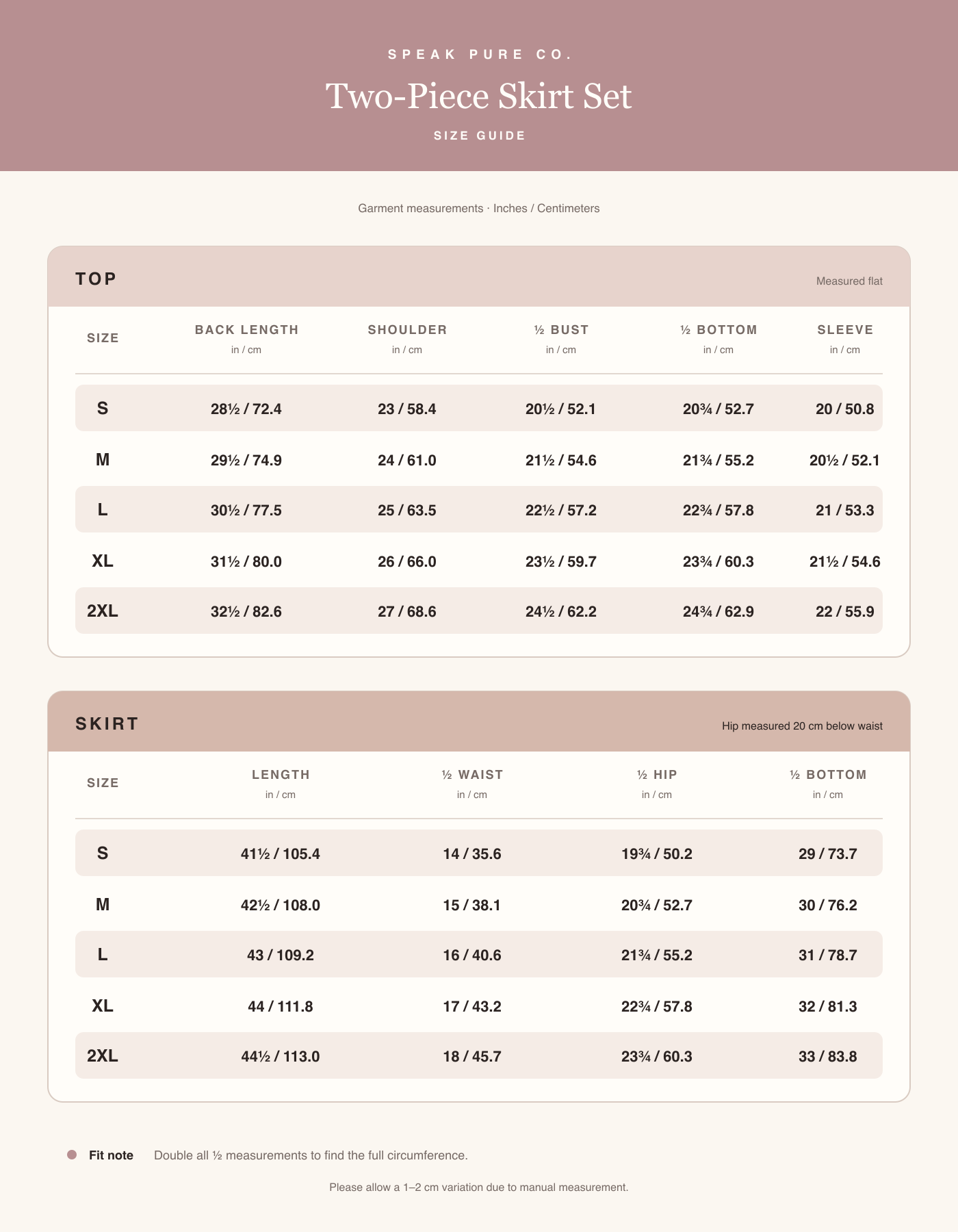 Speak Pure Co Two-Piece Skirt Set size chart — measurements in inches and centimeters